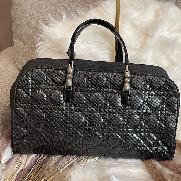 Dior Handbags - EUC CHRISTIAN DIOR Lady Cannage Quilted Black Leather Denim Handbag RARE Vintage